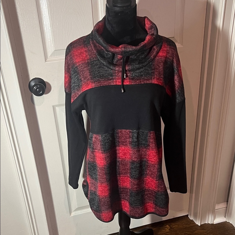 Plaid Cowl Neck Top- Red and Black NWT. PURE Brand. SZ Med. WT261